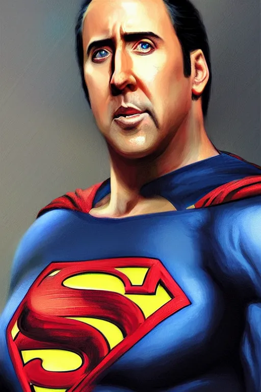 Prompt: Portrait of Nicolas Cage as superman, DC, dark cinematic lighting, intricate, elegant, highly detailed, digital painting, artstation, painted by Artgerm and Mark Waid and Greg Rutkowski and Mandy Jurgens and Snyder