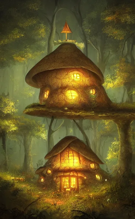 Image similar to a mushroom house in the middle of a forest at night, the lights are on, dynamic lighting, photorealistic fantasy concept art, trending on art station, stunning visuals, creative, cinematic, ultra detailed