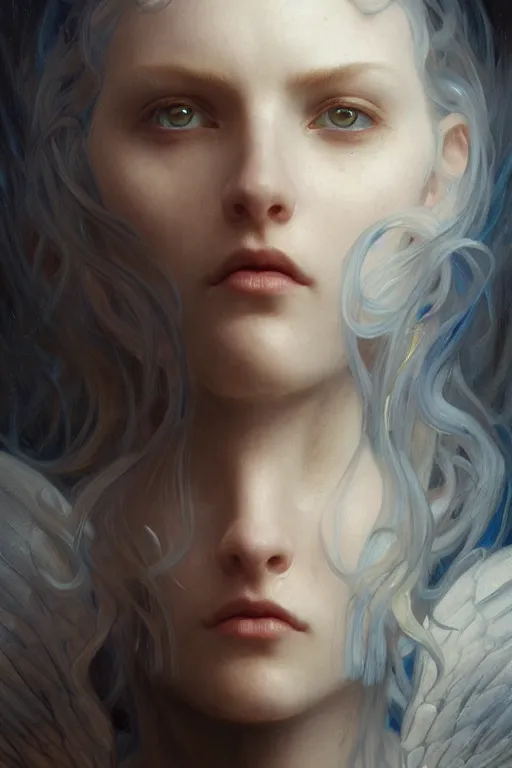 Image similar to Portrait of beautiful pale demonic angelic girl warhammer 40000, cinematic lighting, intricate, elegant, highly detailed, digital painting, artstation, smooth, sharp focus, illustration, art by artgerm and greg rutkowski and zdislav beksinski and alphonse mucha and Wayne Barlowe and william-adolphe bouguereau