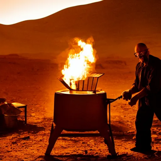 Image similar to Walter White grilling steaks in the desert, intense lighting, still from breaking bad
