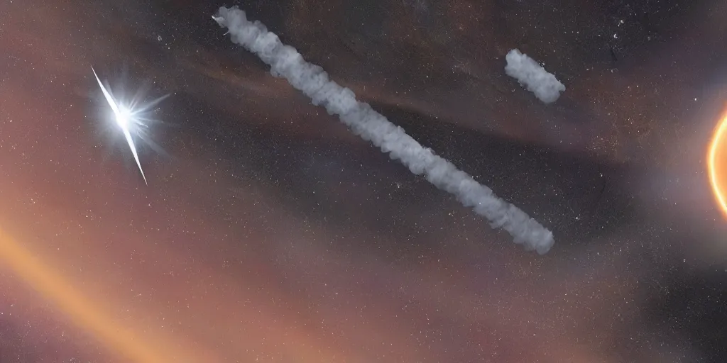 Prompt: a living ship slicing planets in half and leaves a contrail that distorts space