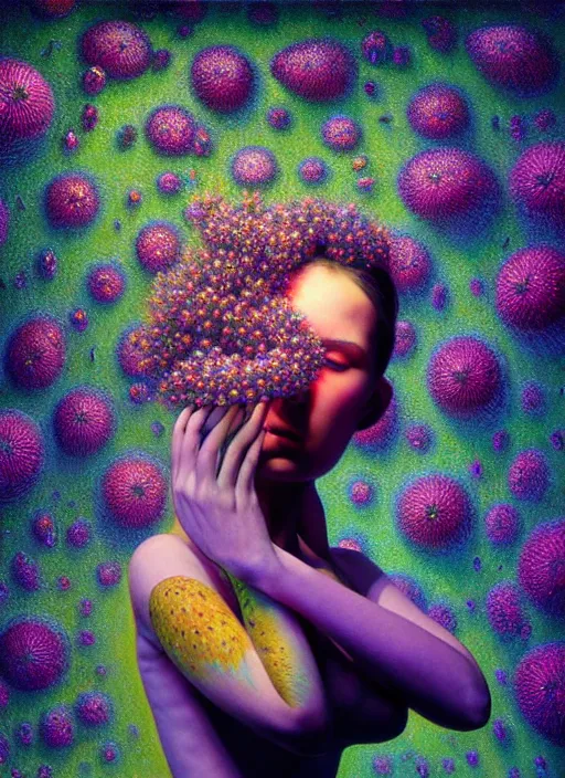 Image similar to hyper detailed 3d render like a Oil painting - Aurora (Singer) Eats of the Strangling Fruit and Her Hands full of gossamer polyp blossoms bring iridescent fungal flowers whose spores black the foolish stars by Jacek Yerka, Mariusz Lewandowski, Houdini algorithmic generative render, Abstract brush strokes, Masterpiece, Edward Hopper and James Gilleard, Zdzislaw Beksinski, Mark Ryden, Wolfgang Lettl, hints of Yayoi Kasuma, octane render, 8k