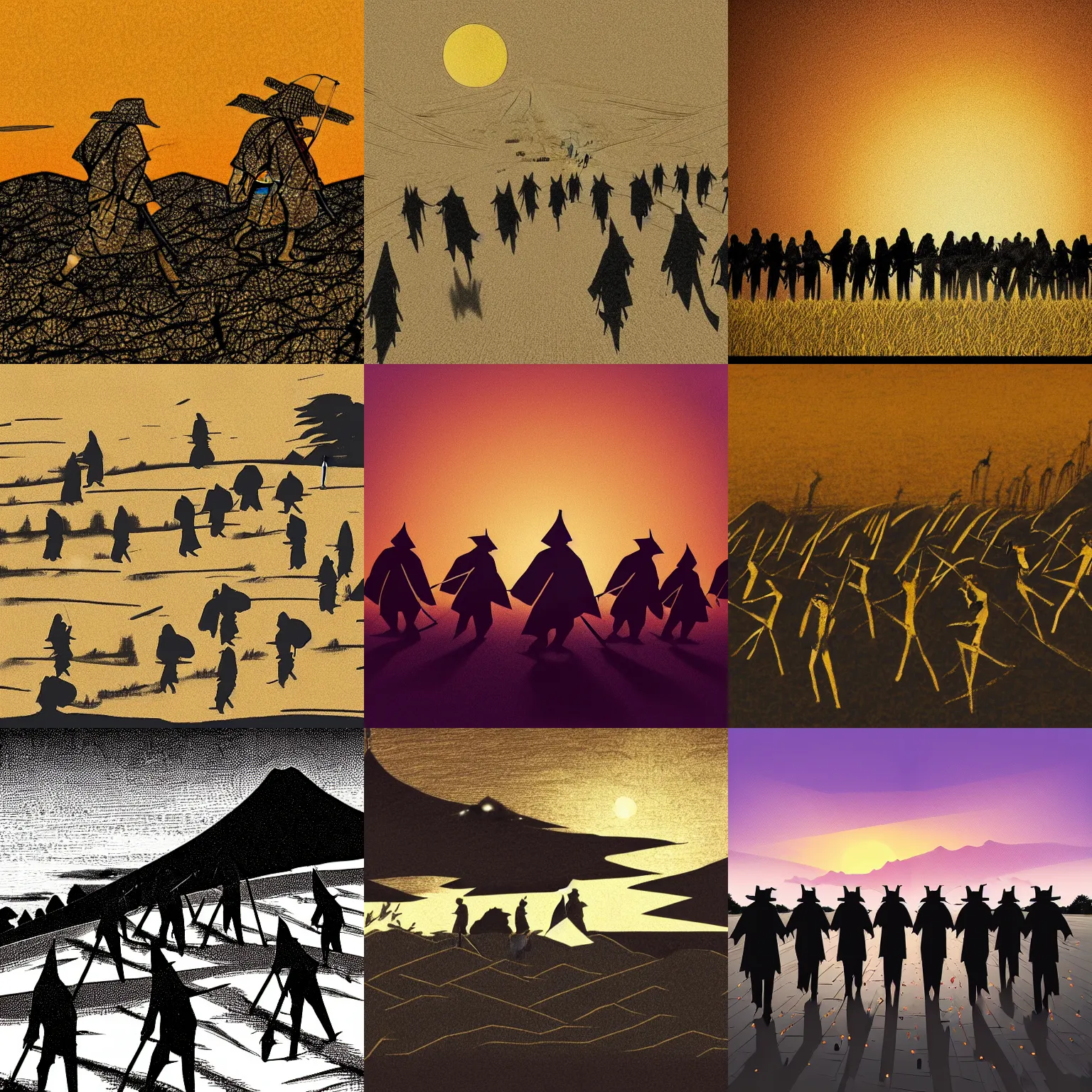 Prompt: 7 man walking through field, medieval Japan, sunset, conceptual art silhuets, gold and black colors, primitive, low poly, pen paint