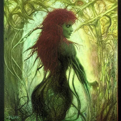 Image similar to smirking rusalka of the blighted swamp, aquiline features, black shimmering hair, by brian froud, cold secondary colors, oil on canvas