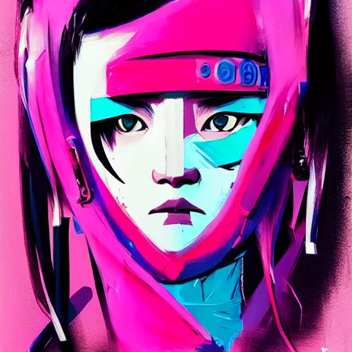 Image similar to stylized japanese girl ninja - cyberpunk, wearing urban techwear, and armor, in the colors hot pink and cyan, beautiful realistic face, spotlight, by greg rutkowski, by jeremy mann, by francoise nielly, by kunio okawara, yoshikazu yasuhiko, in focus, sharp lines