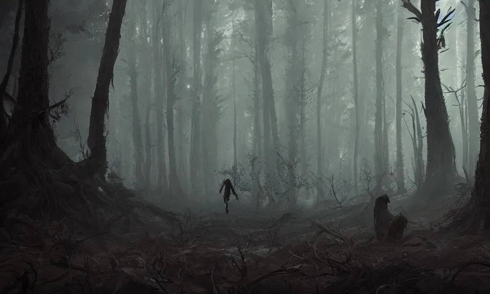 Prompt: shadows crawling in the lifeless Forest, Greg Rutkowski, ArtStation, CGSociety, Unreal Engine
