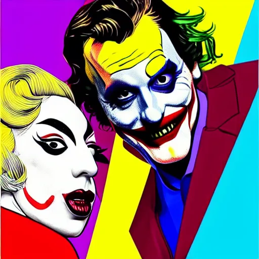 Image similar to richard hamilton and mimmo rottela as lady gaga harley queen and joaquin phoenix joker couple, pop art, 2 color, left and right align, object details, dynamic composition, 4 k, ultra realistic art, smooth, sharp focus, illustration, concept art, intricate details, h 7 6 8