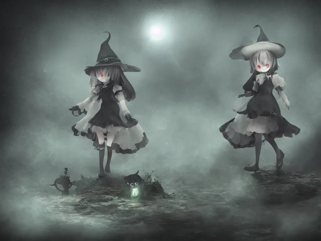 Prompt: cute fumo plush girl witch on a tiny island surrounded by murky river water, river styx, cursed otherworldly chibi gothic horror wraith maiden, lost in the milky void, hazy heavy magical glowing swirling murky volumetric fog and smoke, moonglow, lens flare, vray