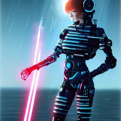 Image similar to a beautiful cyborg - angel girl!! standing on a lake, rainfall, biomechanical details, digital cyberpunk anime art, full body shot!!, reflections, lens flare, promotional poster, wlop!!, ilya kuvshinov, artgerm, krenz cushart, greg rutkowski