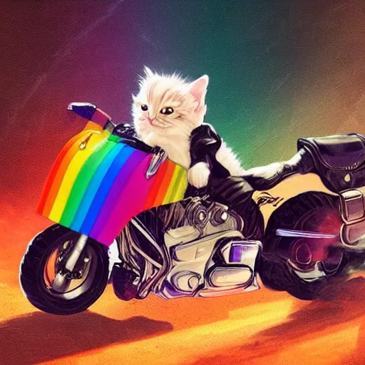 Image similar to wide angle full body, jacket wearing fluffy cute rainbow kitten wearing a black leather motorcycle jacket, riding on a motorcycle, cinematic concept art