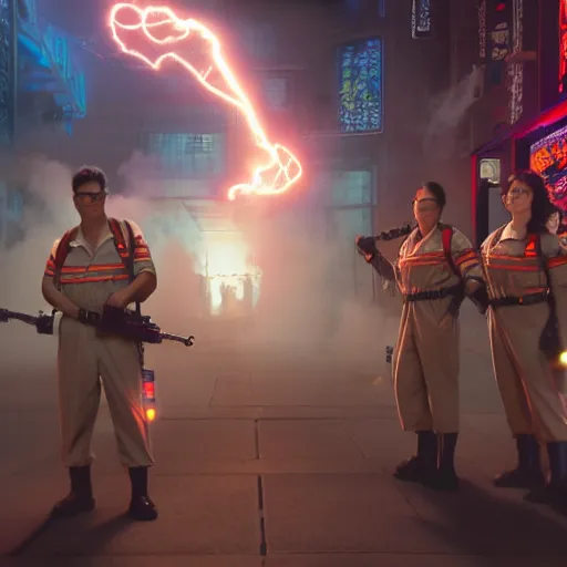 Image similar to ghostbusters in feudal japan, steam punk aesthetic, cinematic quality, high octane, splash art, movie still, cinematic lighting, ray tracing, detailed face, octane render, long lens, shallow depth of field, bokeh, anamorphic lens flare, 8 k, hyper detailed, 3 5 mm film grain