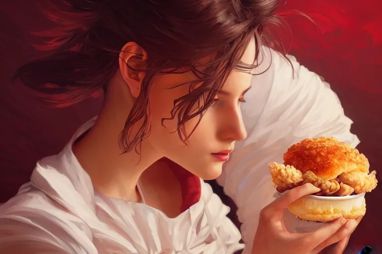 Image similar to kfc chicken, portrait, elegant, intricate, digital painting, artstation, concept art, smooth, sharp focus, illustration, art by artgerm and greg rutkowski and alphonse mucha