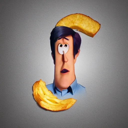Prompt: photo of [ a single french fry chip ] shaped into stephen fry as a pixar character hybrid intercross mix cinematic lighting
