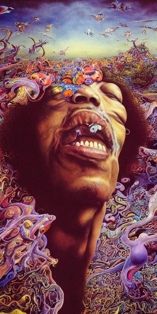 Image similar to ultrawide angle colour masterpiece surreal closeup portrait photography of jimi hendrix playing on stage by miho hirano and annie leibovitz and michael cheval, weird surreal epic psychedelic complex biomorphic 3 d fractal landscape in background by kilian eng and roger dean and salvador dali and beksinski, 8 k