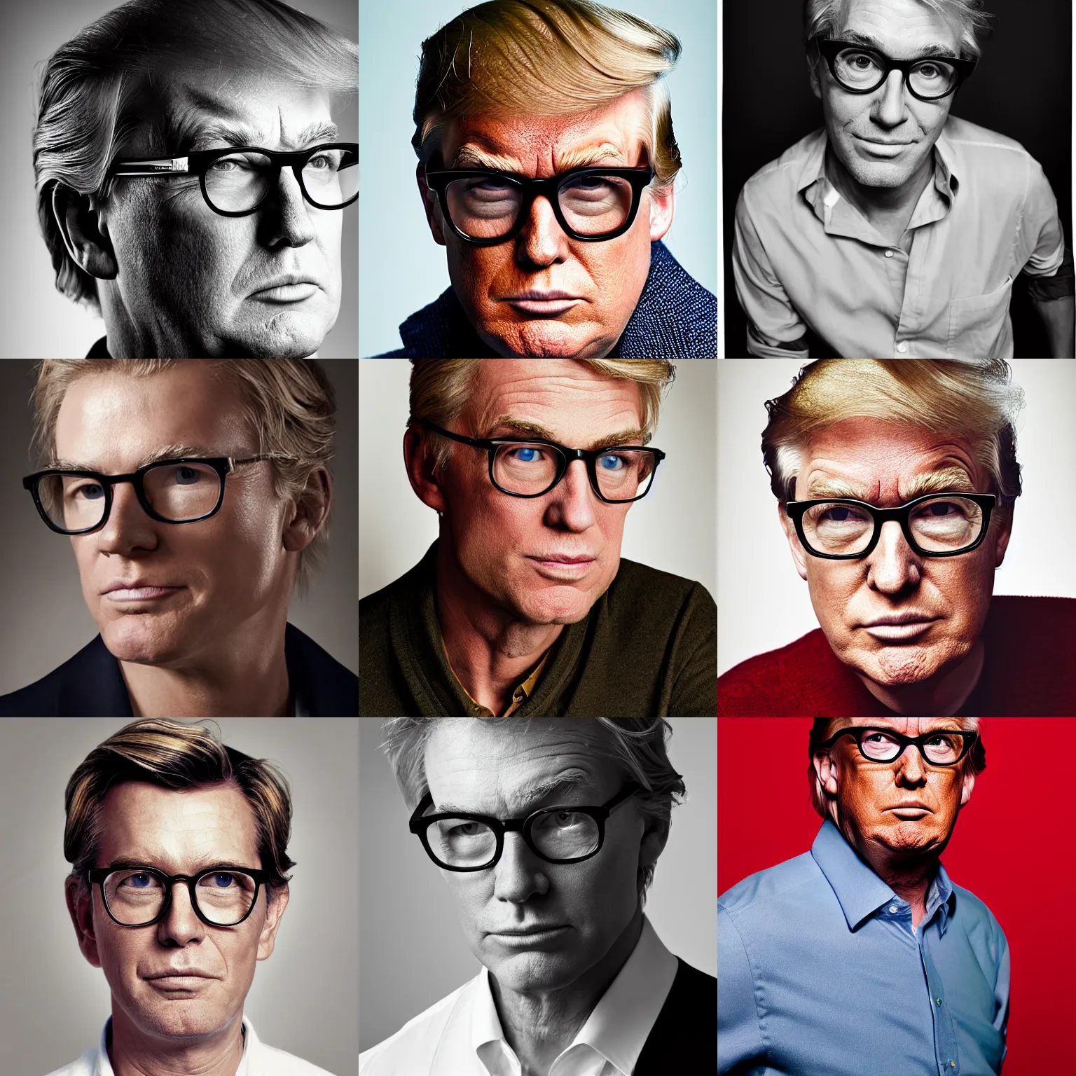 Prompt: Photo of Donald Trump wearing Warby Parker glasses, soft studio lighting, photo taken by Martin Schoeller for Abercrombie and Fitch, award-winning photo, 24mm f/1.4