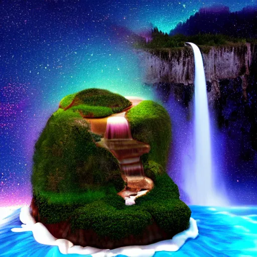 Prompt: Floating island, waterfall flowing down the side, galaxy background, 4k, digital art, trending on artstation