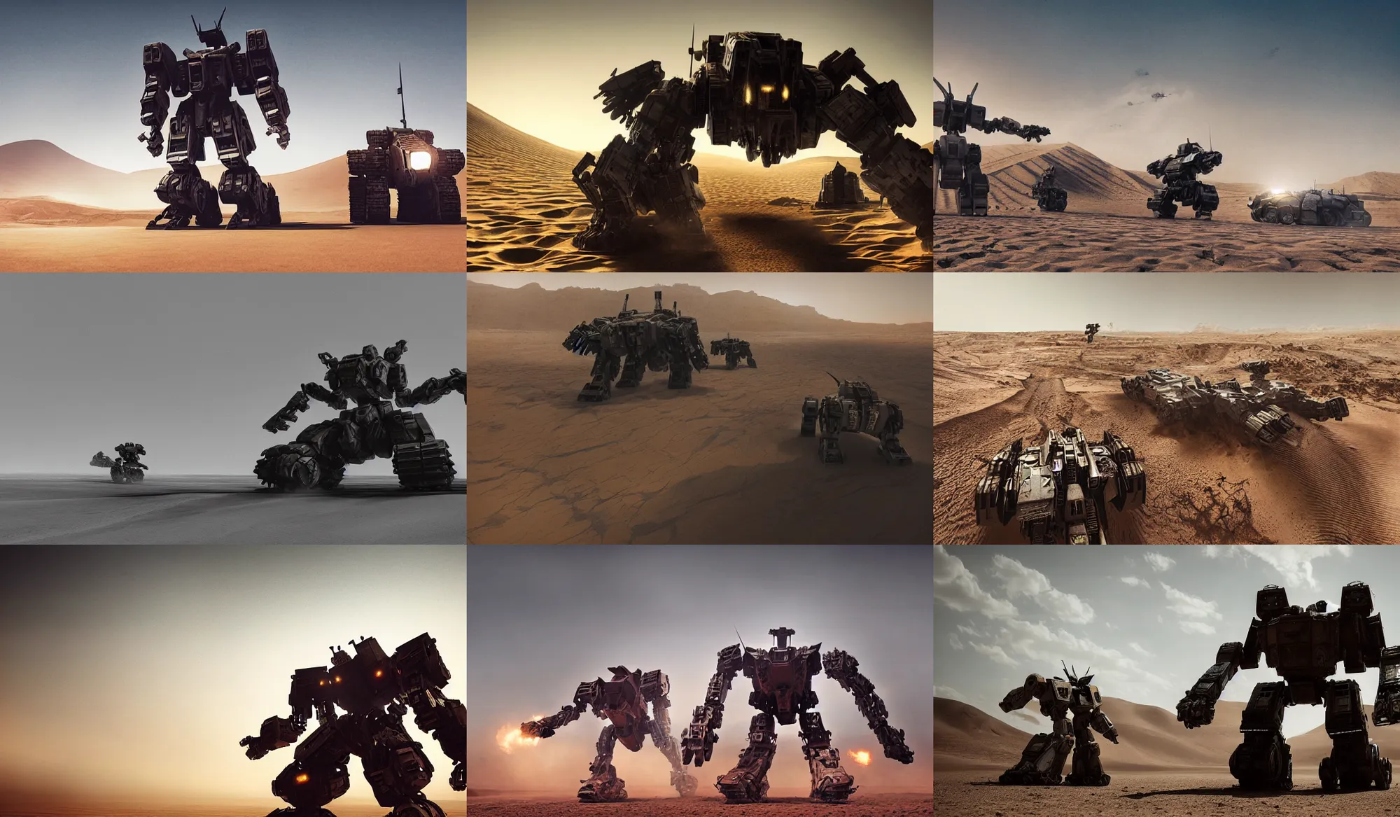 Prompt: a big battle robot as armored core v running across the open desert, empty desert, sand, karst landscape, wide shot ; dynamic contrast, bokeh, motion blur, photoreal, cinematic, digital art by liam wong