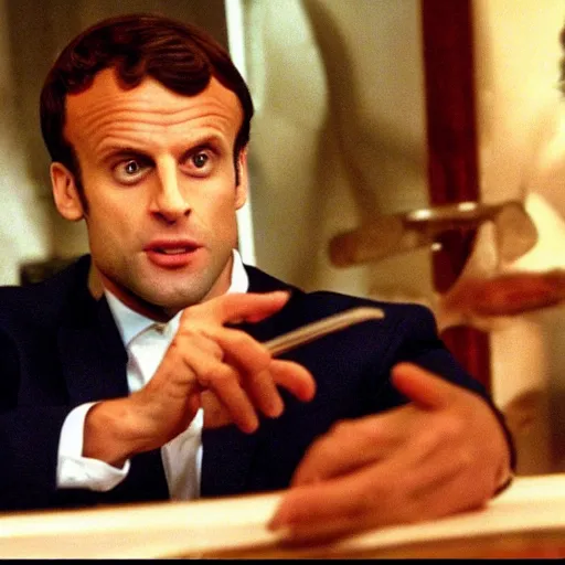 Prompt: Emmanuel Macron wearing Hawaiian shirt in American Psycho (1999)