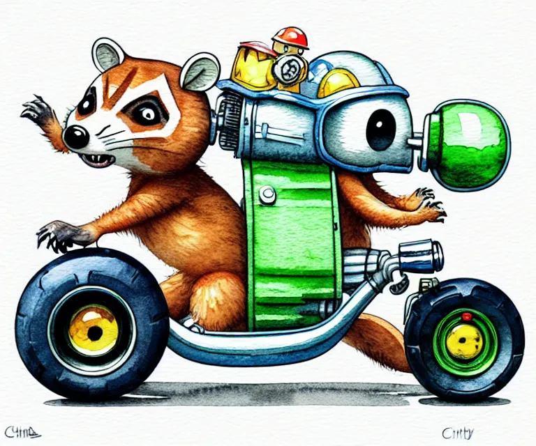 Prompt: cute and funny, racoon wearing a helmet riding in a tiny hot rod with oversized engine, ratfink style by ed roth, centered award winning watercolor pen illustration, isometric illustration by chihiro iwasaki, edited by range murata, tiny details by artgerm and watercolor girl, symmetrically isometrically centered, hyperfocused