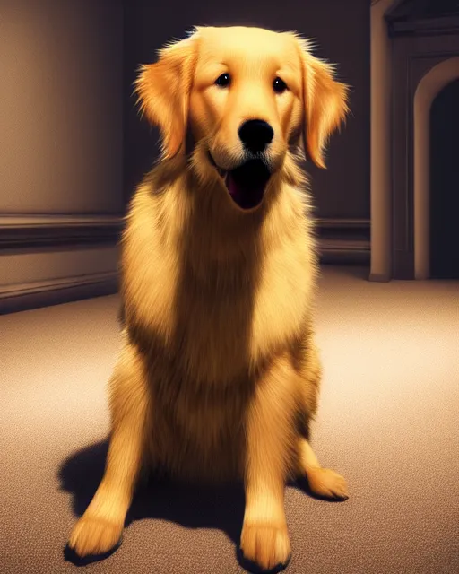 Prompt: super cute dog golden retriever, hyper realism, cinematic, volumetric lighting, intricate complexity, extremely detailed,