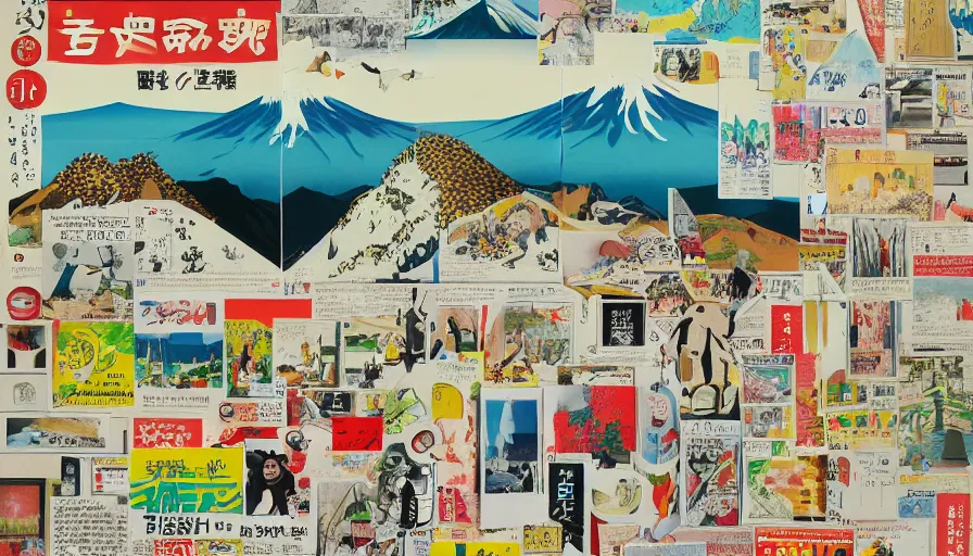 Prompt: award winning graphic design poster, cutout clips of a variety of postcards, National Geographic photographs, manga and newspaper cutouts a variety of japan travel images, natural landscape beauty, japan harvest, crafts, architecture and more, constructing an contemporary art depicting mount fuji, rural splendor, and bullet train, isolated on white, mixed media painting by alex yanes, neo-classical painting