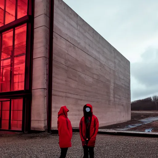 Prompt: photograph of 2 women wearing techwear in front of a brutalist metal building, on a desolate plain, red eerie sky, sigma 8 5 mm f / 1. 4, 4 k, depth of field, high resolution, 4 k, 8 k, hd, full color