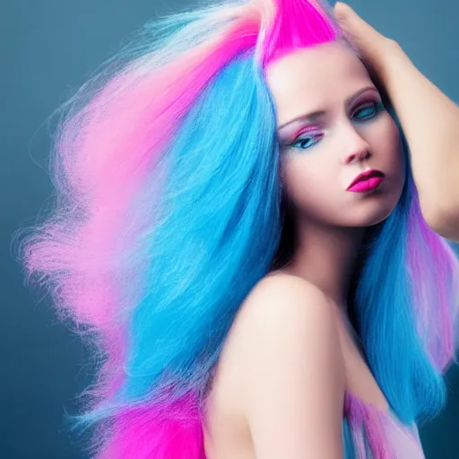 Image similar to a dramatic photo of a beautiful woman with cotton candy hair. with a little bit of cyan and pink