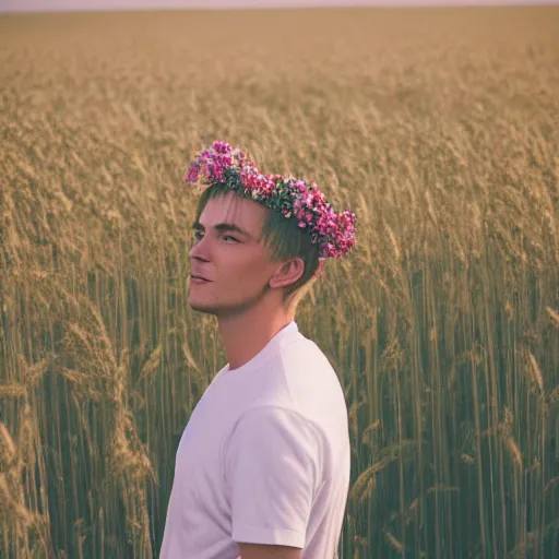 Image similar to kodak portra 4 0 0 photograph of a skinny blonde guy standing in field of wheat, back view, flower crown, moody lighting, telephoto, 9 0 s vibe, blurry background, vaporwave colors, faded!,