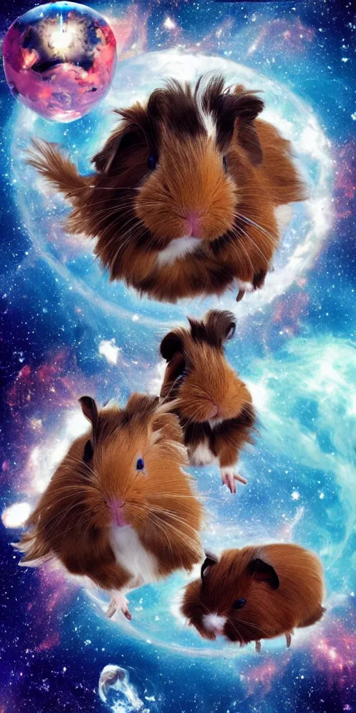 Image similar to ultra realistic guineapigs floating in space suits floating in space on the cover of vogue magazine, 4 k, 8 k, nebula, universe, many stars, space station