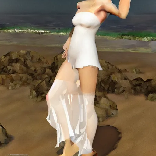 Prompt: a beautiful woman in an elegant see-thru white dress, wearing a black bikini underneath, 1920s, by Ilya Repin and artgerm, artstation, photorealistic, 8k octane render