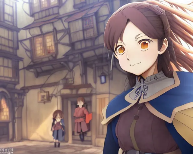 Image similar to anime visual, portrait of a young female walking through a busy medieval village, face by yoh yoshinari, murata range, last exile, blue submarine no 6, dynamic pose, dynamic perspective, detailed silhouette, cel shaded anime