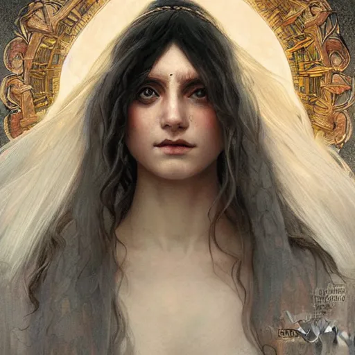 Prompt: goddess, two faced, one face sad, one face happy, long hair, white hair, ethereal, intricate, elegant, georgeus, highly detailed, sharp focus, digital painting, by artgerm and greg rutkowski and alphonse mucha