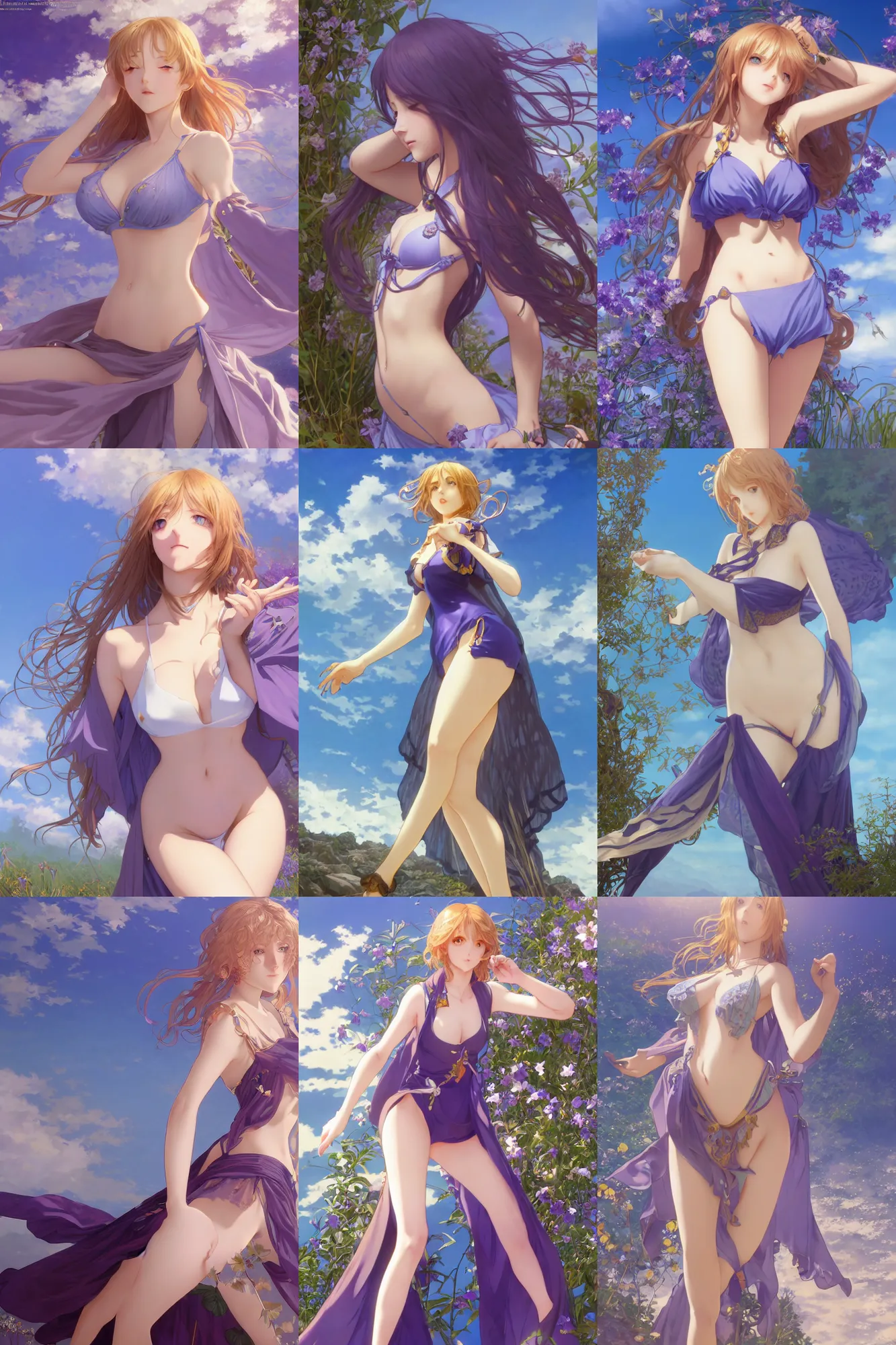 Prompt: very beautiful violet evergarden, full body, sky blue eyes, full round face, bikini, mid - shot, highly detailed, cinematic wallpaper by stanley artgerm lau, alphonse mucha, ilya kuvshinov