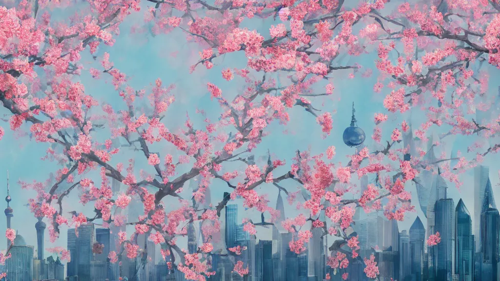 Prompt: a watercolor of Peach blossoms bloom along the Shanghai skyline, The soft pinks and greens of the flowers are offset by the blue of the sky and the gray of the cityscape, by Abbott Fuller Graves, Agnes Cecile, Alma Thomas, HD, Octane render 8K,