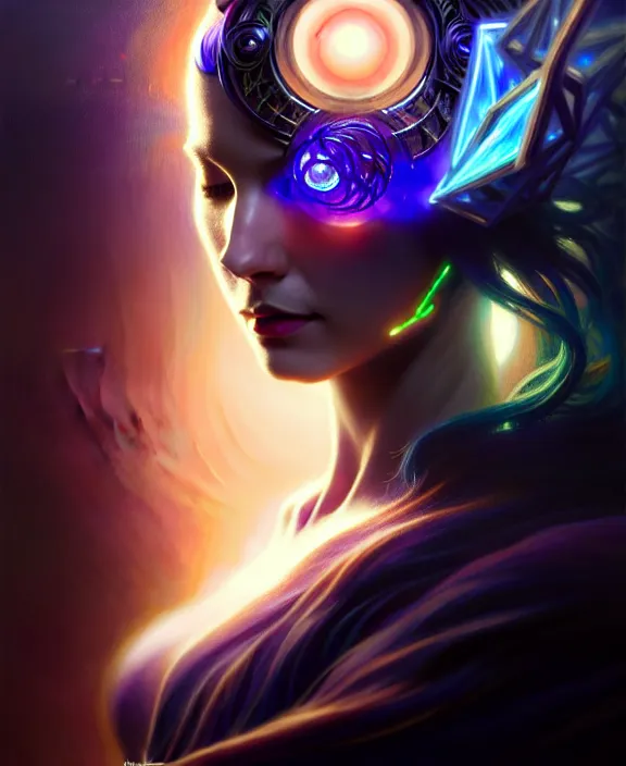 Image similar to a whirlwind of souls rushing inside the metaverse, half body, glowin eyes, tiara with sapphire, pharaoh, android, cyberpunk, d & d, fantasy, intricate, elegant, highly detailed, colorful, vivid color, digital painting, artstation, concept art, art by artgerm and greg rutkowski and alphonse mucha and ruan jia