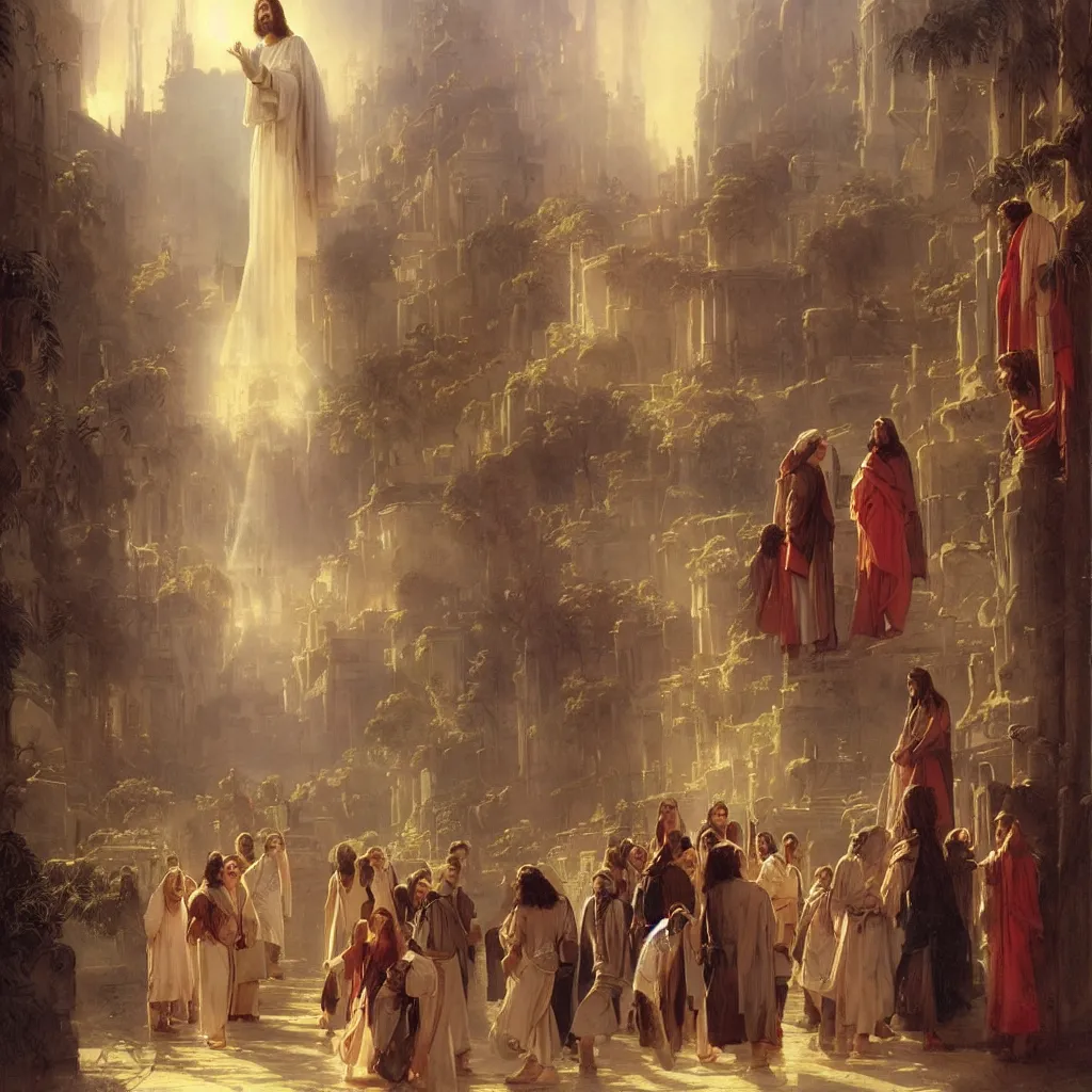 Prompt: jesus tours the streets of hollywood by raphael lacoste and pierre auguste cot and delphin enjolras and daniel f. gerhartz