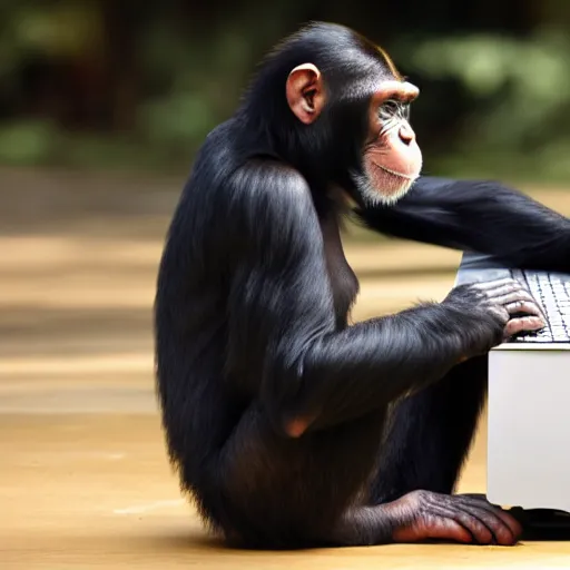 Prompt: photo of a chimp sitting at a computer smashing the keyboard, 4k