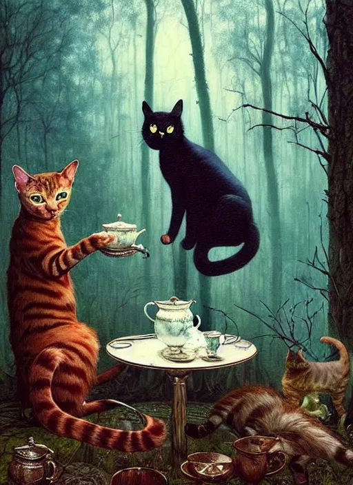 Image similar to cat having tea with a witch in the woods gorgeous lighting, lush forest foliage blue sky a hyper realistic painting by chiara bautista and beksinski and norman rockwell and greg rutkowski weta studio, and lucasfilm