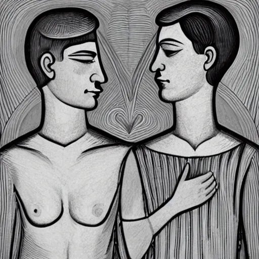 Image similar to perfectly centered symmetrical split male and female portrait of man and woman in love sharing one heart. illustration, highly detailed, simple, no jagged lines, smooth, artstation, artwork by william zorach