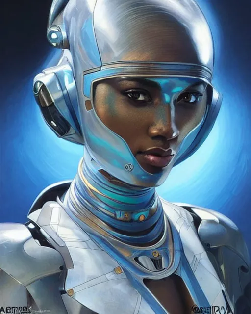 Image similar to Portrait of very very very very very very beautiful african woman, spacesuit, futuristic cybernetic helmet, blue eyes, real life skin, intricate, elegant, highly detailed, artstation, concept art, smooth, sharp focus, art by artgerm and greg rutkowski and alphonse mucha