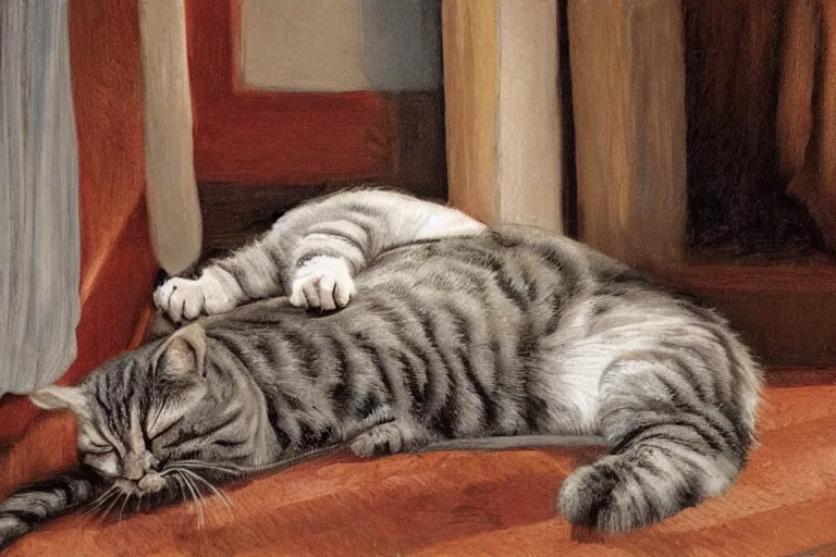 Image similar to Photo of Funny singular cat sleeping in provence style living room, photorealism,