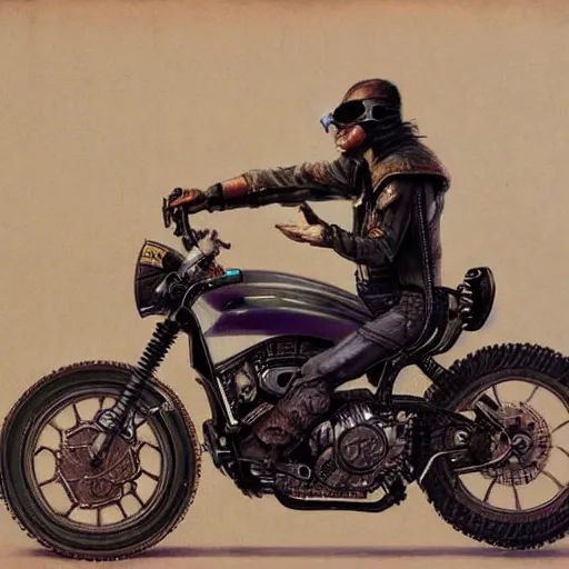 Image similar to a cyberpunk cowboy fully decked out in his cowboy hat, holsters, boots and spurs, sitting on a high tech motorbike, artwork by wayne barlowe