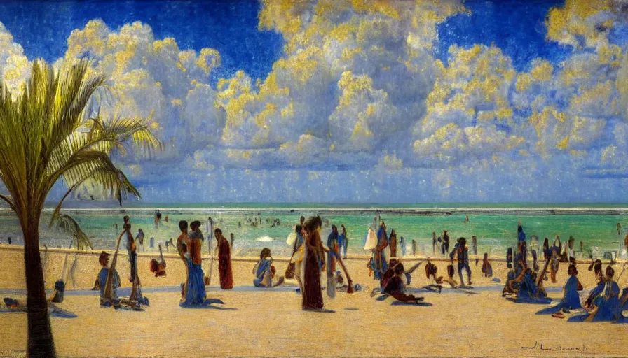 Image similar to a ultradetailed beautiful painting of the thunderstorm sky of the amazonas palace balustrade designed by jules bastien - lepage, tarsila do amaral, frank weston and gustave baumann, beach, trending on artstation, mediterranean, palm trees, sharp focus, colorful refracted sparkles and lines, soft light, 8 k 4 k