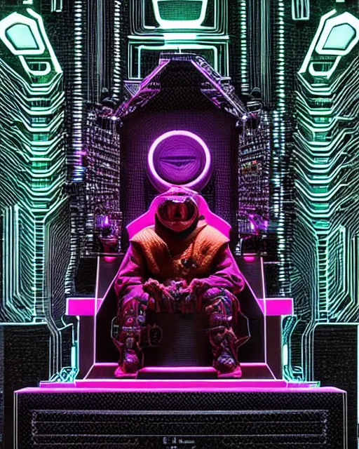 Prompt: MF Doom the super-villain, on a stone throne, in a lit up buttons and lights and cables, jumbled, detailed, cybernetic futuristic monitoring station, black paper cyberpunk, hyperdetailed, rule of thirds, Felipe Pantone and Denis Villeneuve