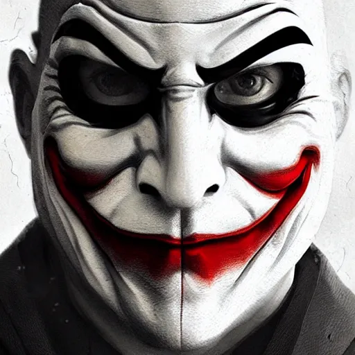 Image similar to anonymous mask inspired by joker, digital art, photorealistoc, art by greg rutkowski, hyperdetailed, western comic style, comic, comic style, sharp lineart, professional lighting, deviantart, artstation, trevor henderson, rossdtaws, cinematic, dramatic