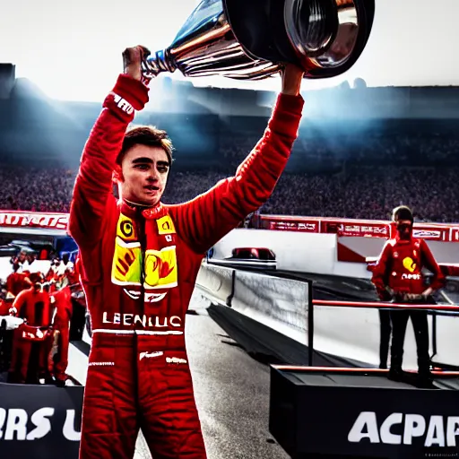 Image similar to charles leclerc, formula 1, lifting trophy, ferrari, dramatic lighting, photograph, widelens, 4 k, hdr