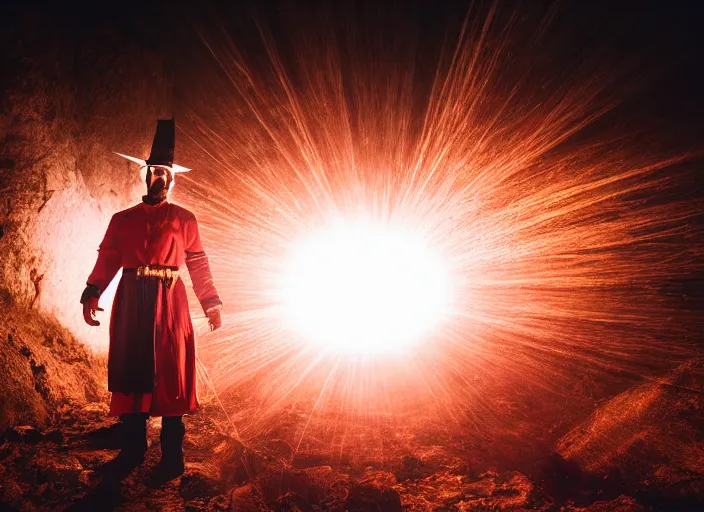 Prompt: a very good looking detailed sorcerer summons a blast of magic energy from their hand, on an empty moonlit hill, dramatic lighting, lens flare, 3 5 mm full frame professional photography, kodak ektar