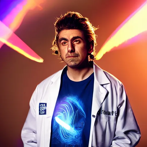 Image similar to portrait of rick sanchez, lab coat and tee shirt, lens flare, atmosphere, glow, detailed, intricate, full of colour, cinematic lighting, 4 k, hyperrealistic, focused, extreme details, cinematic, masterpiece