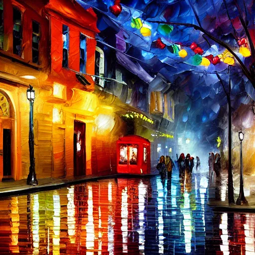 Image similar to a painting of a street corner in the Haight neighborhood with a coffee shop covered in christmas lights, by Tyler Edlin and leonid afremov, behance contest winner, american scene painting, concept art, streetscape, rainy, cozy