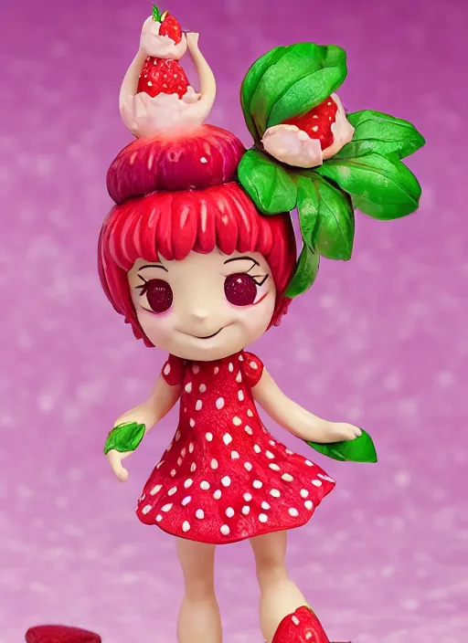 Prompt: a wholesome femo figurine of a cute funny strawberry fairy with freckles wearing a frilly floral strawberry dress featured on doom eternal by studio ghibly and disney made of strawberry jam jar, pastels, wide angle, dynamic dancing pose, 🎀 🍓 🧚
